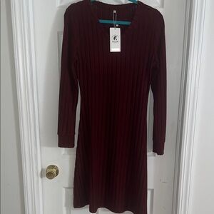 Long Sleeve V-Neck Ribbed Knit Dress - Burgundy